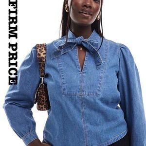 Stylish Denim Shit w Bow Neck